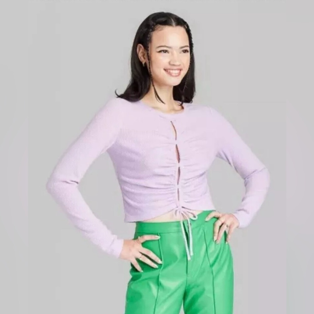 NEW Lilac Purple Y2K 90s‎ Top Peep Lace Up Long Sleeve Ribbed Crop Bow Shirt